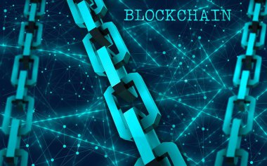 Blok zinciri konsepti. Bağlantı sistemi ve küresel veri alışverişi. Baskı, tasarım, ağ, afişler, medya, çizimler için. Mavi arkaplan.