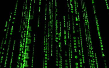 Siyah arkaplan üzerine ikili bilgisayar kodu. Matrix stilinde yeşil dijital kod numaraları. Sanal hacker soyutlama arka planı. Siyah arkaplanda rastgele numaralar düşüyor..