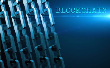 Blok zinciri konsepti. Bağlantı sistemi ve küresel veri alışverişi. Baskı, tasarım, ağ, afişler, medya, çizimler için. Mavi arkaplan.