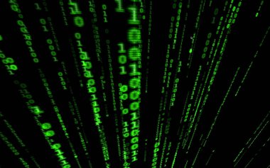 Siyah arkaplan üzerine ikili bilgisayar kodu. Matrix stilinde yeşil dijital kod numaraları. Sanal hacker soyutlama arka planı. Siyah arkaplanda rastgele numaralar düşüyor..