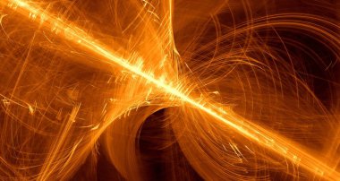 Soyut altın ışık ve lazer ışınları, fraktallar ve parıldayan şekiller hayal gücü, yaratıcılık ve tasarım için çok renkli sanat arka plan dokusu.