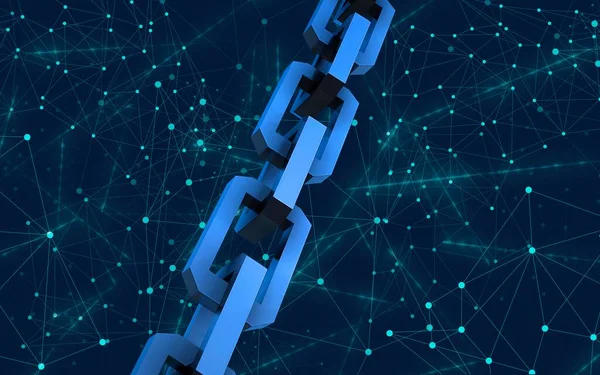 Blok zinciri konsepti. Bağlantı sistemi ve küresel veri alışverişi. Baskı, tasarım, ağ, afişler, medya, çizimler için. Mavi arkaplan.