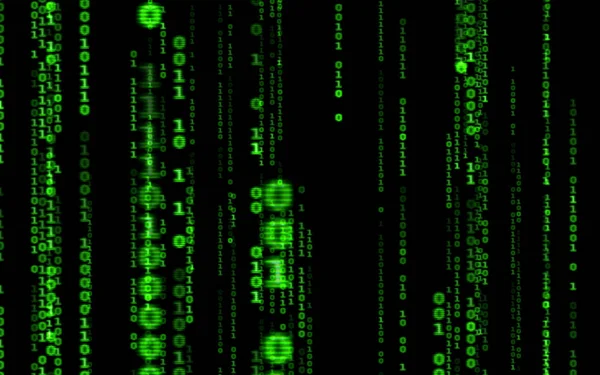 黒の背景にバイナリコンピュータコード マトリクススタイルの緑のデジタルコード番号 Cyberpunkハッカーの抽象化の背景 黒の背景に落ちる乱数 マトリクススタイルの背景 — ストック写真