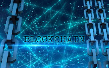 Blok zinciri konsepti. Bağlantı sistemi ve küresel veri alışverişi. Baskı, tasarım, ağ, afişler, medya, çizimler için. Mavi arkaplan.