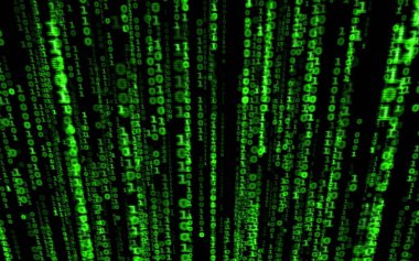 Siyah arkaplan üzerine ikili bilgisayar kodu. Matrix stilinde yeşil dijital kod numaraları. Sanal hacker soyutlama arka planı. Siyah arkaplanda rastgele numaralar düşüyor..