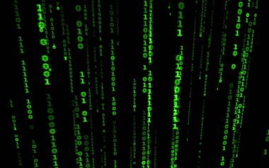 Siyah arkaplan üzerine ikili bilgisayar kodu. Matrix stilinde yeşil dijital kod numaraları. Sanal hacker soyutlama arka planı. Siyah arkaplanda rastgele numaralar düşüyor..