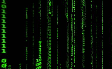Siyah arkaplan üzerine ikili bilgisayar kodu. Matrix stilinde yeşil dijital kod numaraları. Sanal hacker soyutlama arka planı. Siyah arkaplanda rastgele numaralar düşüyor..