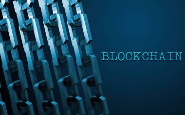 Blok zinciri konsepti. Bağlantı sistemi ve küresel veri alışverişi. Baskı, tasarım, ağ, afişler, medya, çizimler için. Mavi arkaplan.