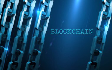 Blok zinciri konsepti. Bağlantı sistemi ve küresel veri alışverişi. Baskı, tasarım, ağ, afişler, medya, çizimler için. Mavi arkaplan.