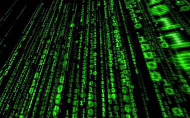 Siyah arkaplan üzerine ikili bilgisayar kodu. Matrix stilinde yeşil dijital kod numaraları. Sanal hacker soyutlama arka planı. Siyah arkaplanda rastgele numaralar düşüyor..