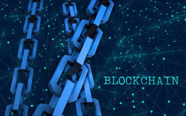 Blok zinciri konsepti. Bağlantı sistemi ve küresel veri alışverişi. Baskı, tasarım, ağ, afişler, medya, çizimler için. Mavi arkaplan.