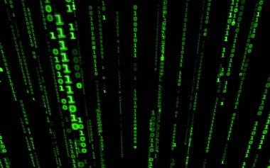Siyah arkaplan üzerine ikili bilgisayar kodu. Matrix stilinde yeşil dijital kod numaraları. Sanal hacker soyutlama arka planı. Siyah arkaplanda rastgele numaralar düşüyor..