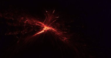 Soyut turuncu ve kırmızı ışık ve lazer ışınları ve parıldayan şekiller hayal gücü, yaratıcılık ve tasarım için çok renkli sanat arkaplan dokusu.