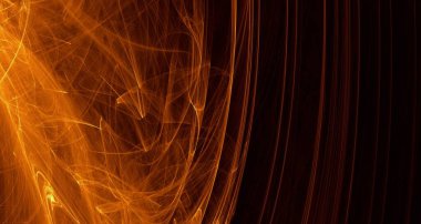 Soyut altın ışık ve lazer ışınları, fraktallar ve parıldayan şekiller hayal gücü, yaratıcılık ve tasarım için çok renkli sanat arka plan dokusu.