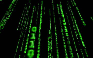 Siyah arkaplan üzerine ikili bilgisayar kodu. Matrix stilinde yeşil dijital kod numaraları. Sanal hacker soyutlama arka planı. Siyah arkaplanda rastgele numaralar düşüyor..