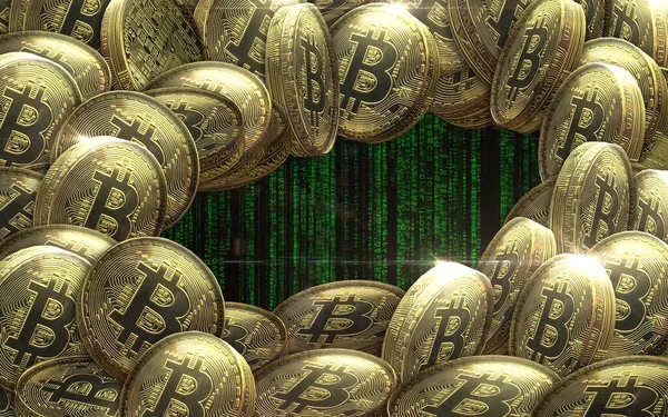 Altın bitcoin dijital para, fütüristik dijital para, dünya çapında teknoloji ağ konsepti. Sanal kripto para birimi. Fütürist dijital para. Madencilik ve engelleme teknolojisi. Dijital ekonomi 