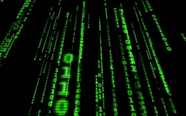 Siyah arkaplan üzerine ikili bilgisayar kodu. Matrix stilinde yeşil dijital kod numaraları. Sanal hacker soyutlama arka planı. Siyah arkaplanda rastgele numaralar düşüyor..