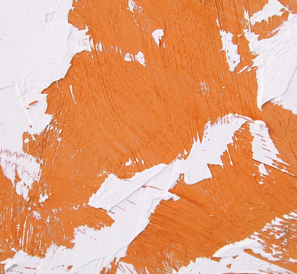 鮮やかな カラフルで創造的な背景のためのオレンジと白の色でクローズアップテクスチャの背景をペイント キャンバス上の油 パレットナイフとブラシストロークテクスチャ — ストック写真