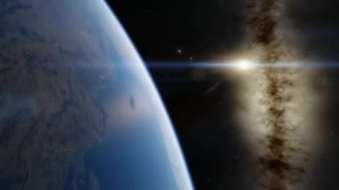 Dünya 'nın şafağında dijital ağ. Uzay uydusundan güzel manzara.