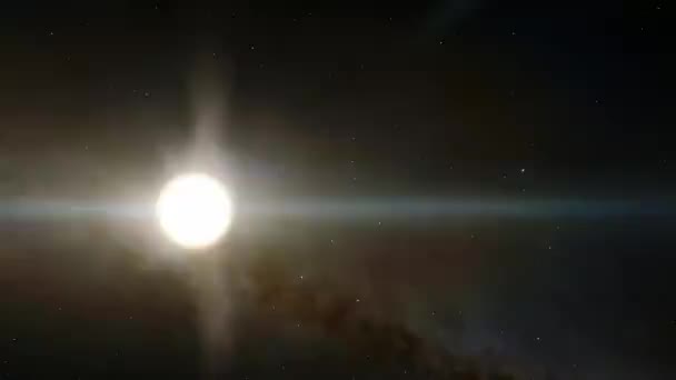 明るい天の川銀河に向かって宇宙空間を通して銀河を探査する 明るい星雲 星のフィールドを飛んでの4Kループアニメーション Naを装備したアイテム — ストック動画