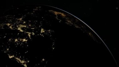 Dünya 'nın şafağında dijital ağ. Uzay uydusundan güzel bir manzara. Geleceğin soyut büyüme ağı ve gezegenin kapsamı. Modern iş ve teknoloji kavramı. 4K Ultra HD