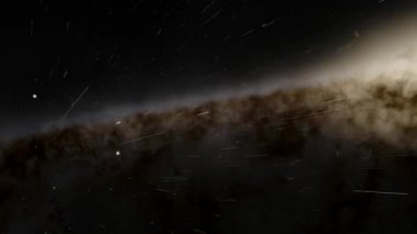 Yıldızlararası uzay yolculuğu evreni. Dış uzayda 4K 3D animasyon. Parlak fümsel kompozisyon. Uzay, Galaksi, Bulutsu, Yıldızlı Bilimkurgu Videosu.