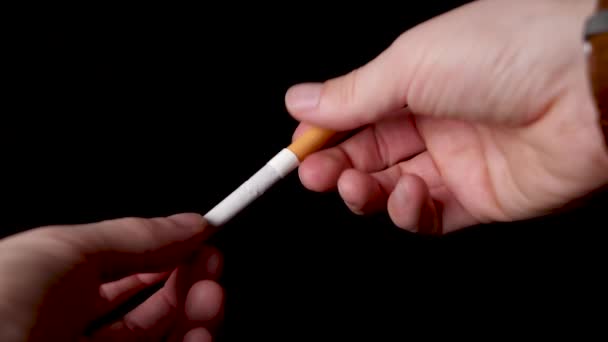 Caucasian hand breaks a cigarette in two halves, isolated black background. — Stock Video