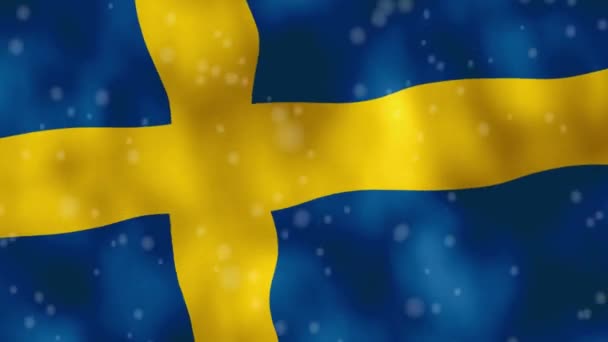 Flaga Szwecji macha na wietrze z opadającymi płatkami śniegu. — Wideo stockowe