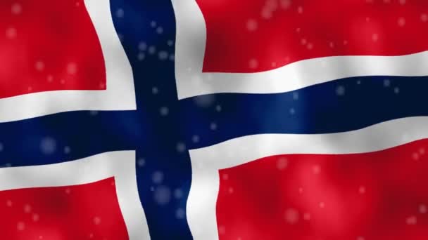 Norwegen-Flagge weht im Wind, Schneeflocken fallen herunter, echte Animation. — Stockvideo