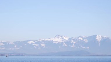 İsviçre Alpleri ve Zürih Gölü Panoraması. Yelkenli ve kuşlar uçuyor..