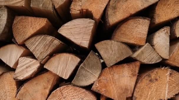 Drehen Schuss von braun gestapelten Holzstapel, Brennholz — Stockvideo
