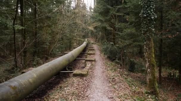 Velho, enferrujado, oleoduto em uma floresta temperamental na Suíça, frente dolly shot — Vídeo de Stock