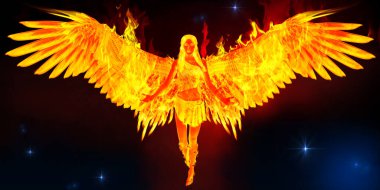 Phoenix olarak bilinen mitolojik bir kuş sanatı, alevler içinde yanan kanatları olan bir kadın uzay arka planında uçuyor.