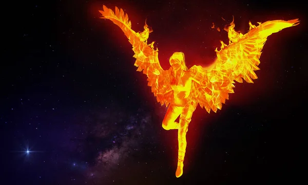 フェニックスと呼ばれる神話上の鳥の芸術 宇宙飛行中の翼を持つ人間の女の子背景 — ストック写真