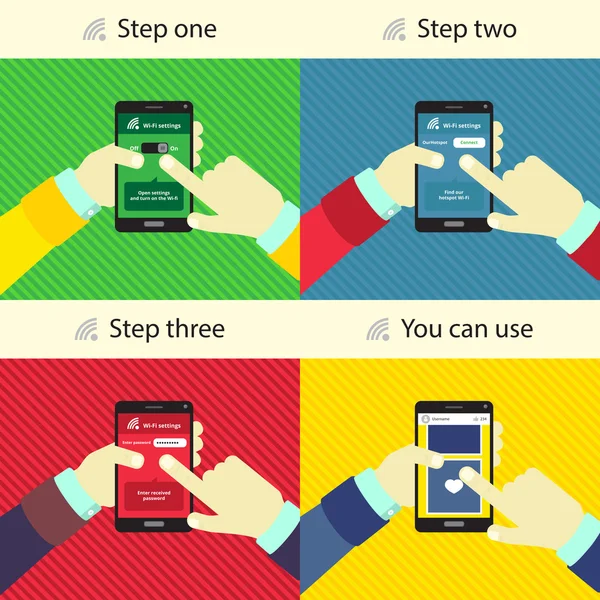 一步一步说明连接到无线网络 — 图库矢量图片