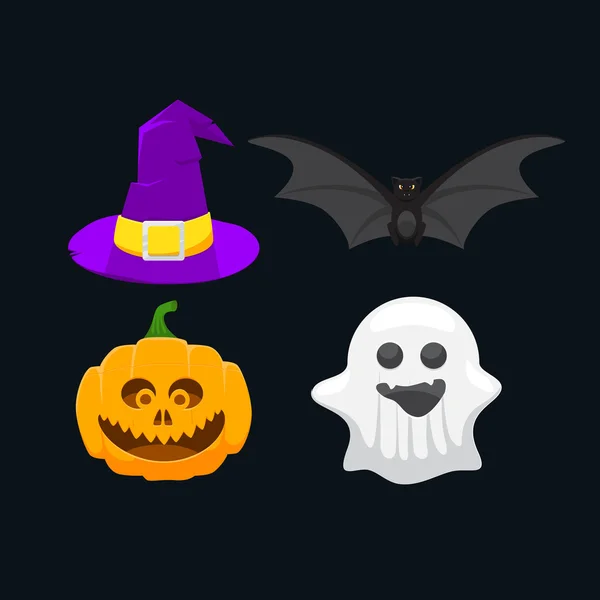Ensemble d'icônes pour Halloween, citrouille, fantôme, chapeau de sorcière et une chauve-souris — Image vectorielle