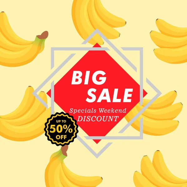 Bananen Großer Verkauf Wochenende Special Rabatt Etikett Auf Gelbem Hintergrund — Stockvektor