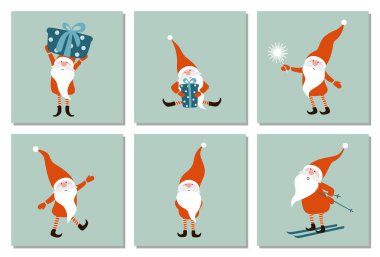 Noel cüceleri seti, Noel kartları için vektör çizimi, selamlar, tasarım.