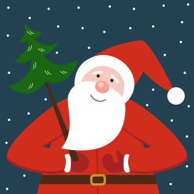 Elinde Noel ağacı olan Noel Baba. Yeni yıl kartı.