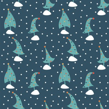 Noel süslenmiş Noel ağaçlarıyla kusursuz desen. Yeni yıl ve Noel tasarımı.