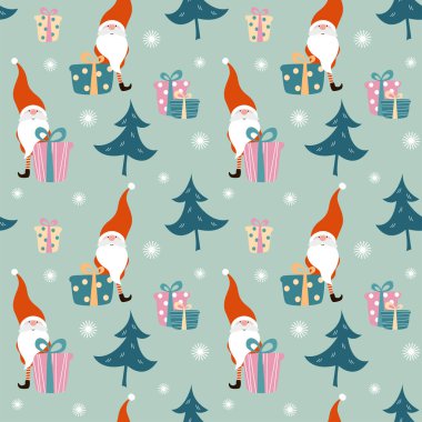 Noel ve Yeni Yıl tebrik kartları ve ambalaj kağıtları için kusursuz desenler. Hediyeli mutlu noel cüceleri.