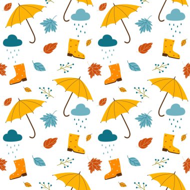 Sonbahar teması için kusursuz vektör deseni. Lastik botlar, şemsiye, yağmur, beyaz zemine düşen yapraklar. Duvar kağıdı, arkaplan, kağıt ya da tekstil baskısı.