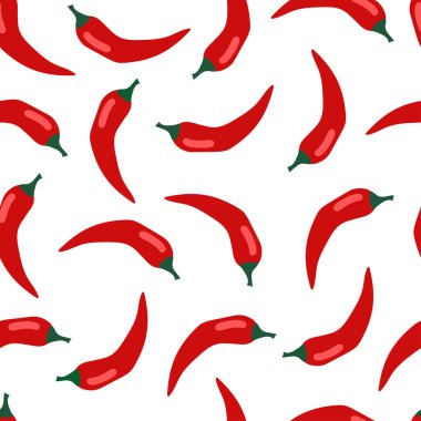 Kırmızı biberli kusursuz desen. Beyaz arka planda izole edilmiş acı kırmızı biber..