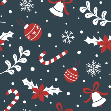 Noel şablonu. Noel oyuncakları, şeker kamışları, kar taneleri, çanlar, puantiyeler. Paket kağıdı için tasarım.