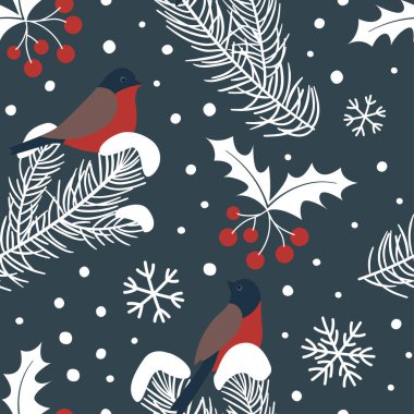 Saka kuşu ve kardaki köknar dallarıyla kusursuz desen. Noel ve Yeni Yıl Tasarımı.