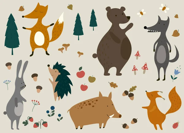 Conjunto Animales Silvestres Del Bosque Estilo Dibujos Animados Jabalí Oso — Vector de stock