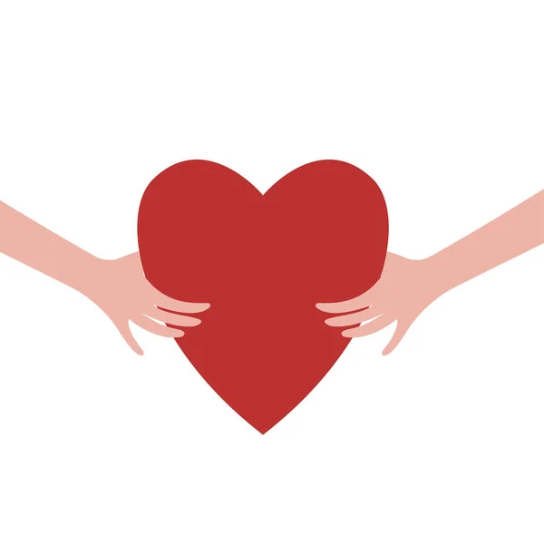Dvě Ruce Drží Velké Červené Srdce Bílém Pozadí Postava Sdílí — Stockový vektor