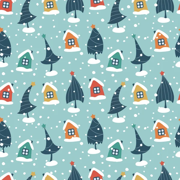 Weihnachten Und Neujahr Nahtlose Muster Für Grußkarten Geschenkpapier Weihnachtsbäume Häuser — Stockvektor