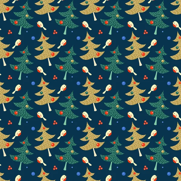 Nahtloser Weihnachtlicher Hintergrund Mit Dekorativen Weihnachtsbäumen Und Gimpeln Weihnachtsdesign — Stockvektor