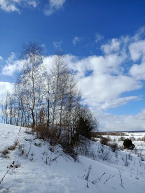 Güneşli mavi gökyüzünün altındaki vadide beyaz kış karı